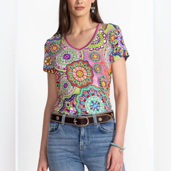 Johnny Was Janie Favorite Short Sleeve V-Neck Tee colorful mosaic print Large - Picture 13 of 13